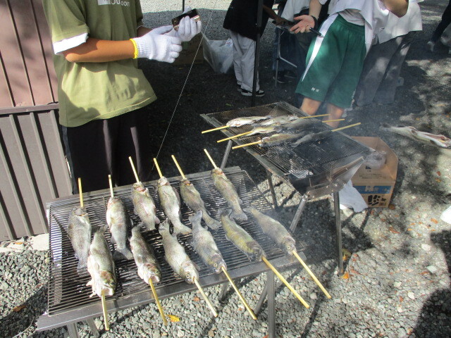 写真：過去のキャンプ学習で魚を焼く様子