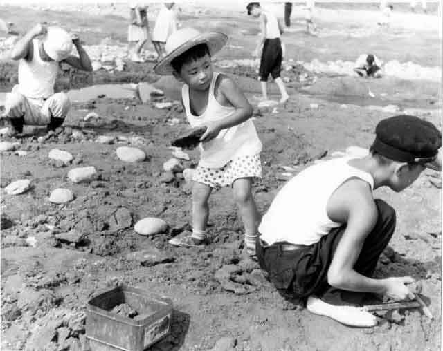 写真：河原で化石を探し始める人々