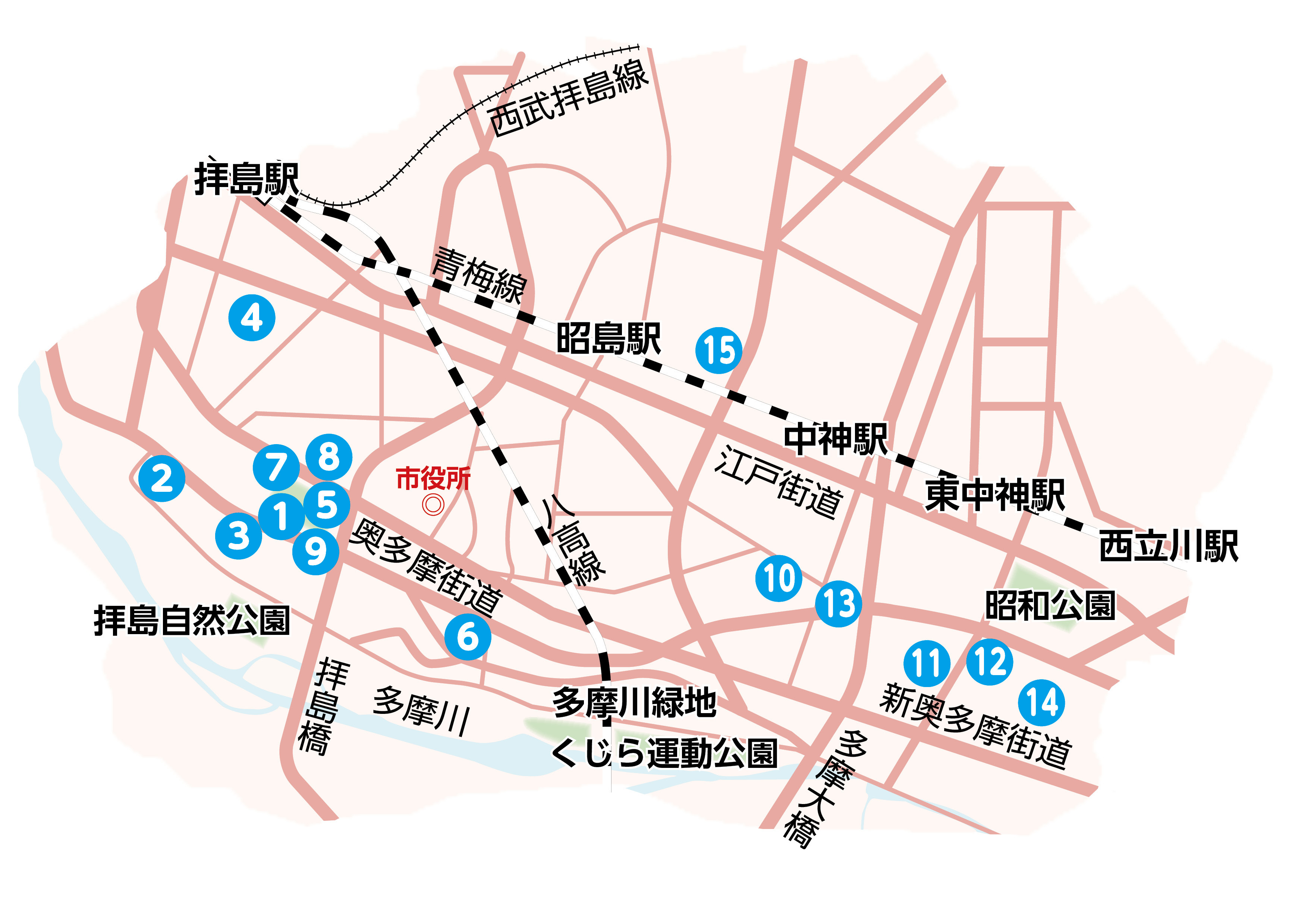 画像：昭島市内の文化財の位置図（一部）を示した地図