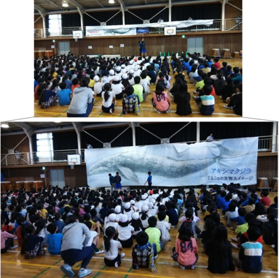 写真：玉川小学校くじら横断幕掲示のようす