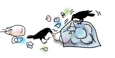 イラスト：カラスがごみをつついている様子1