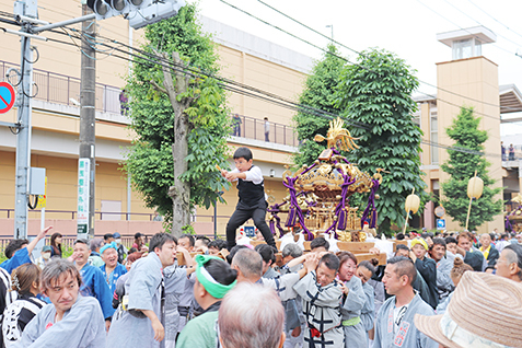 おみこしの上で指揮をとる少年の写真